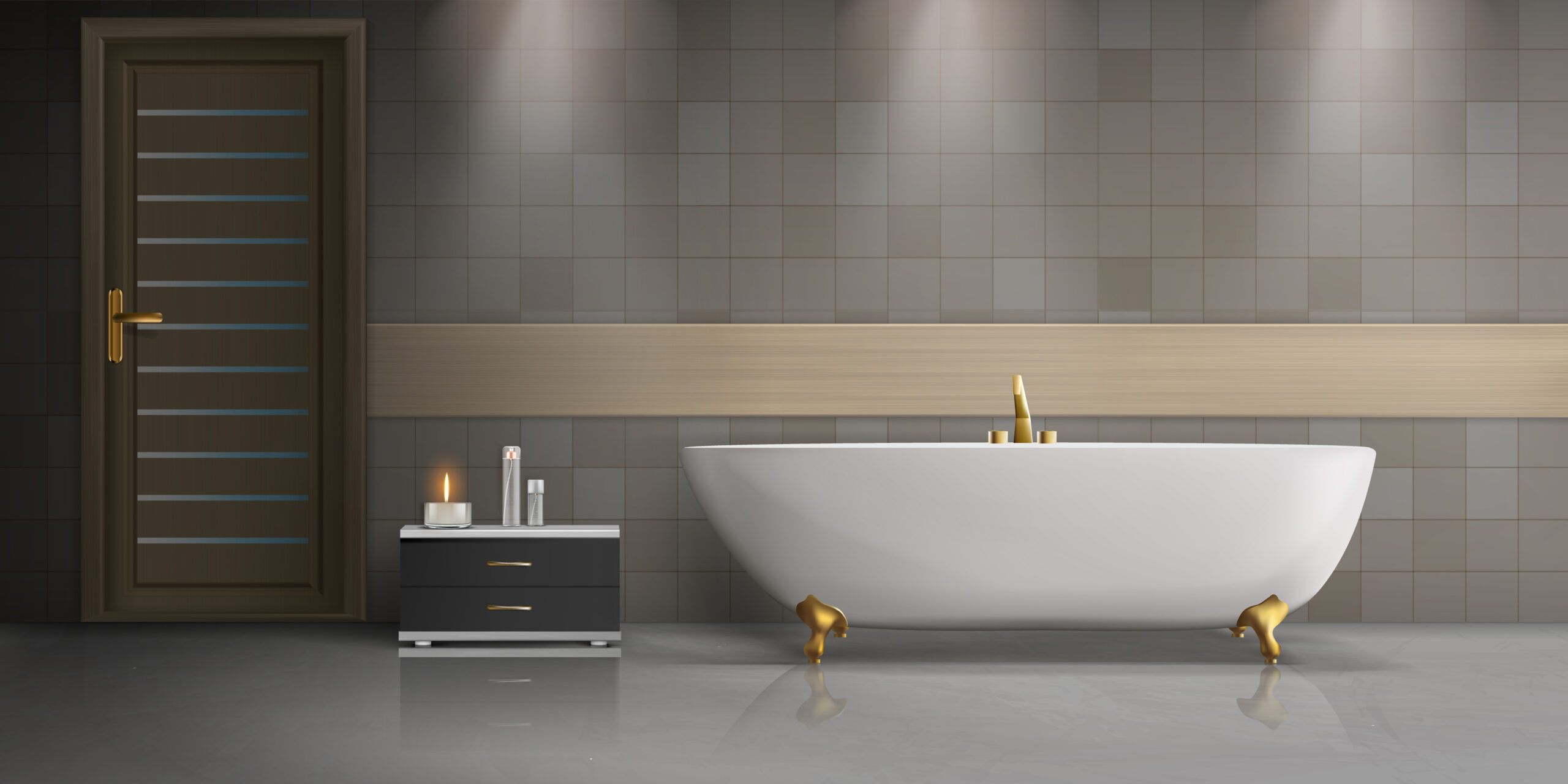 Modern bathroom interior design realistic vector mockup with white, ceramic freestanding bathtub with golden metal or brass faucet and feet, marble floor, tiles on wall and burning candle on drawer